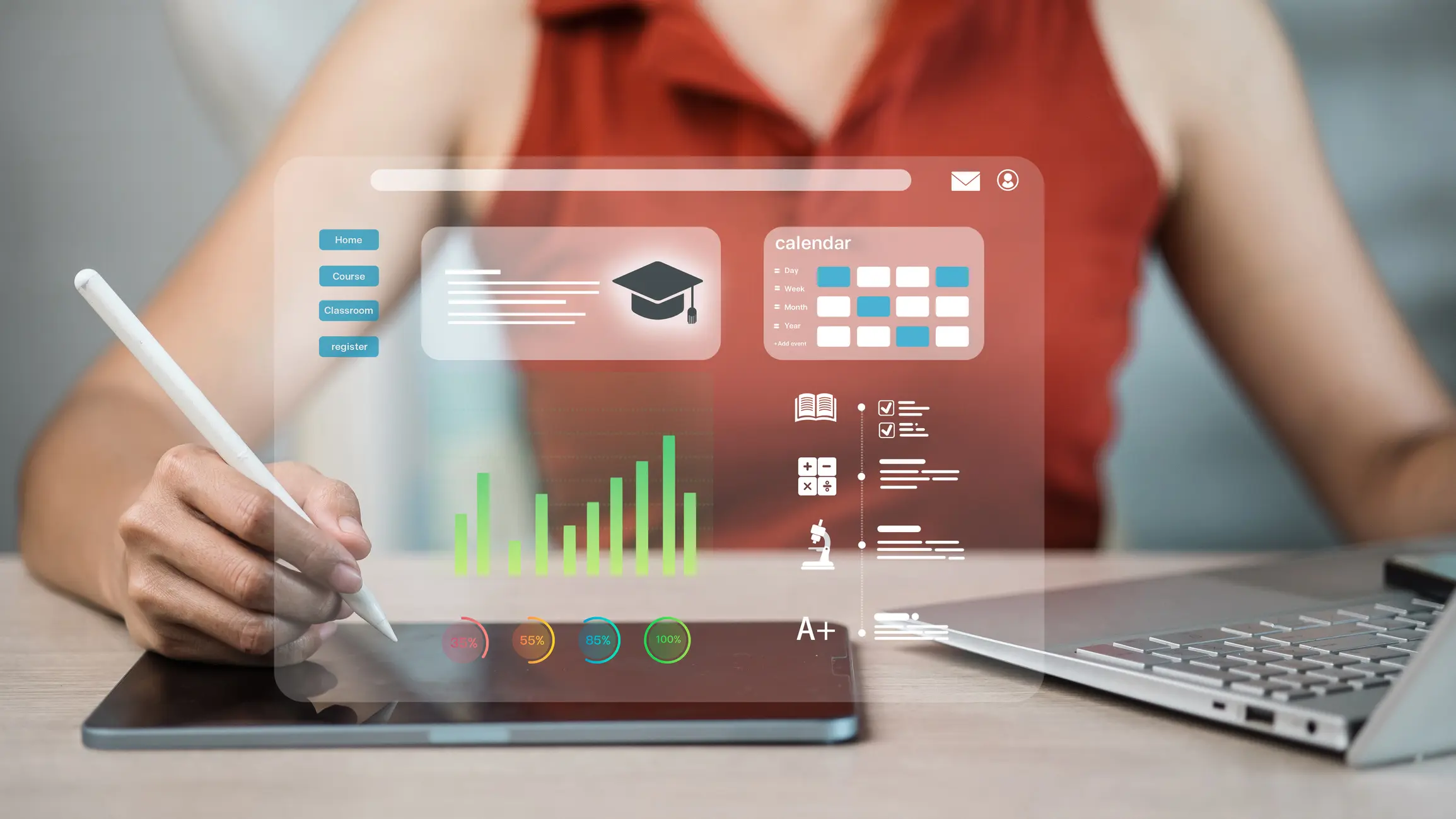 Close-up of a woman using a stylus on tablet with holographic LMS dashboard, calendar and analyticsfemale student managing online courses, edtech progress tracking, A+ performance and planning.