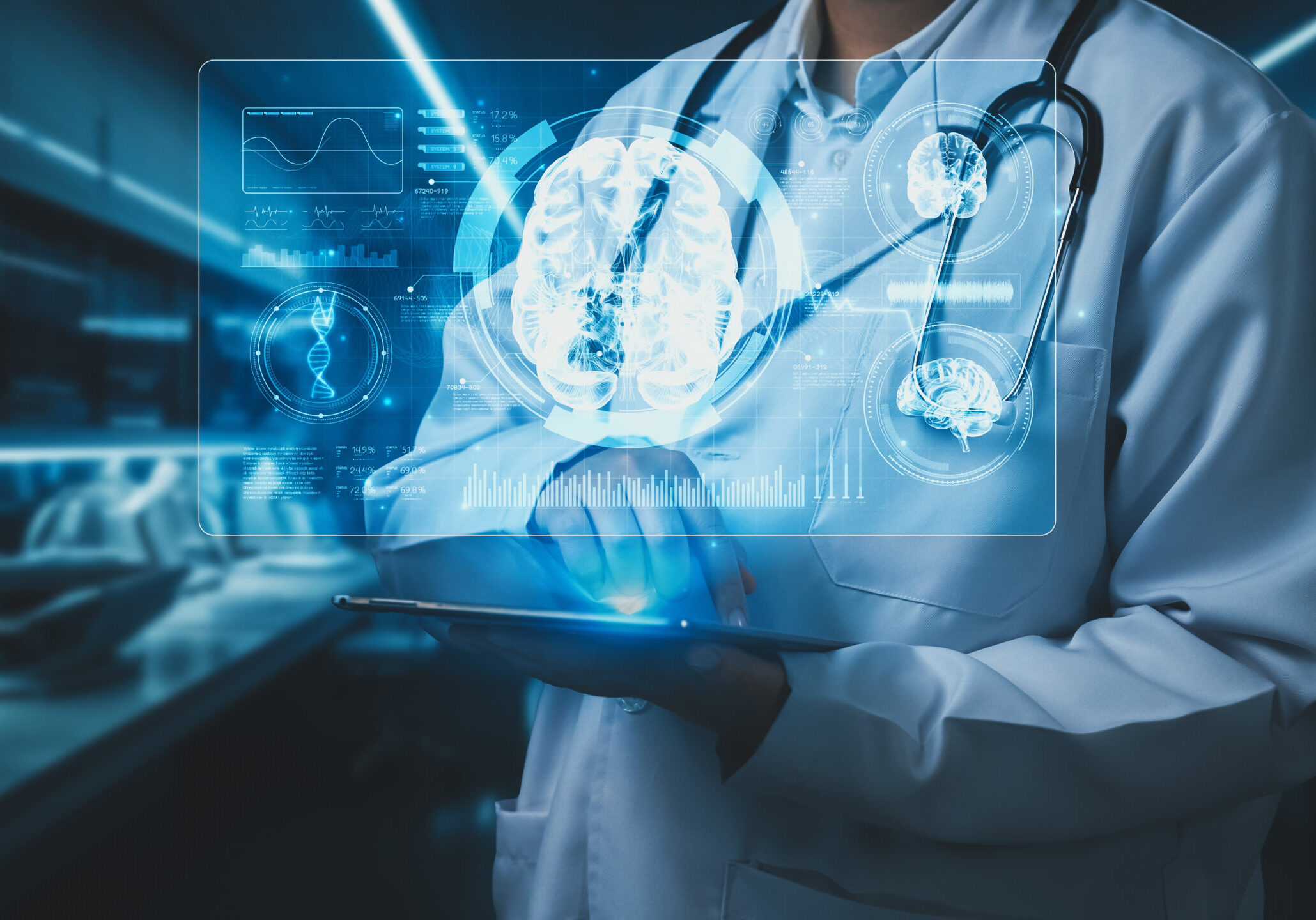 Close up of medical worker holding tablet with brain hologram floating at laboratory with blurring background. Doctor checking at brain research for diagnosis patient symptom. Technology. Remedial.